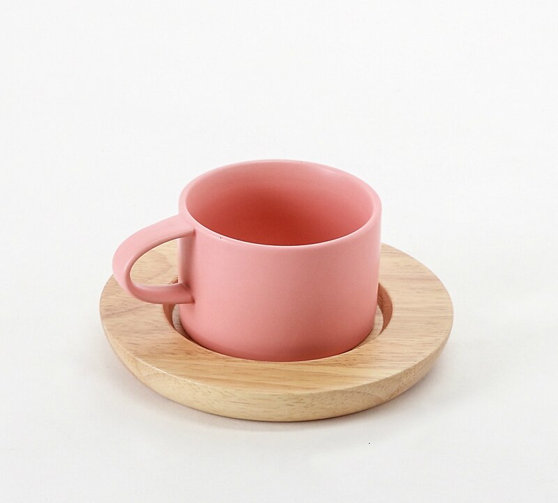 Tasse à café en bois de chêne naturel pur ensemble de soucoupe en bois de Style nordique: Pink