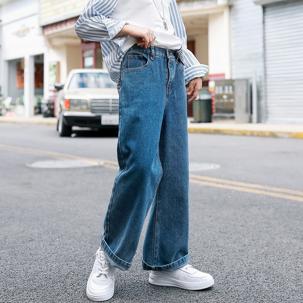 Pantalones vaqueros jóvenes para niñas, pantalones gruesos holgados de pierna ancha para niños, ropa vaquera azul, 8, 10 Y 12 años, Otoño e Invierno