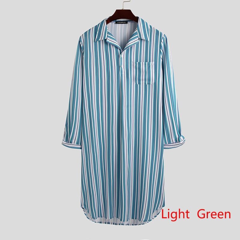 INCERUN Men Striped Nigthwear Robes Long Sleeve Lapel Sleep Robes Loose Pockets Homewear Breathable Bathrobes Plus Size7: Light Green / M