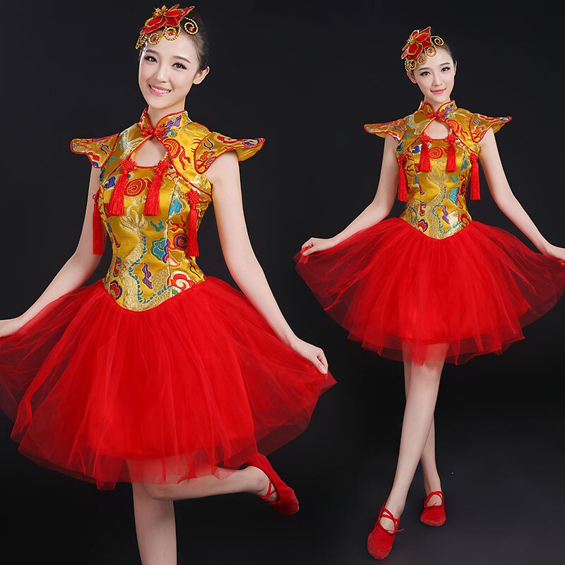 Disfraces chinos de tambor de Color rojo dorado para niños, disfraces de baile clásico de Yangko, ropa de actuación