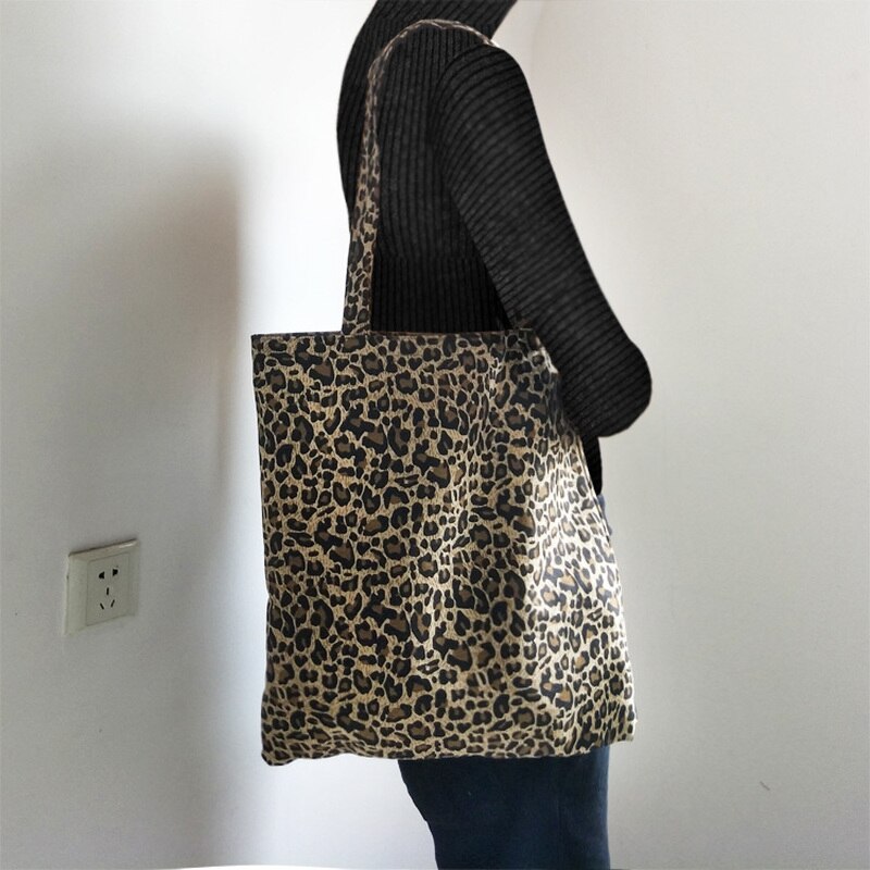 Shopping Bags Women Canvas Leopard Ins All-match Students Ulzzang Trendy Vintage Shoppers Chic Simple Chic Retro Totebag