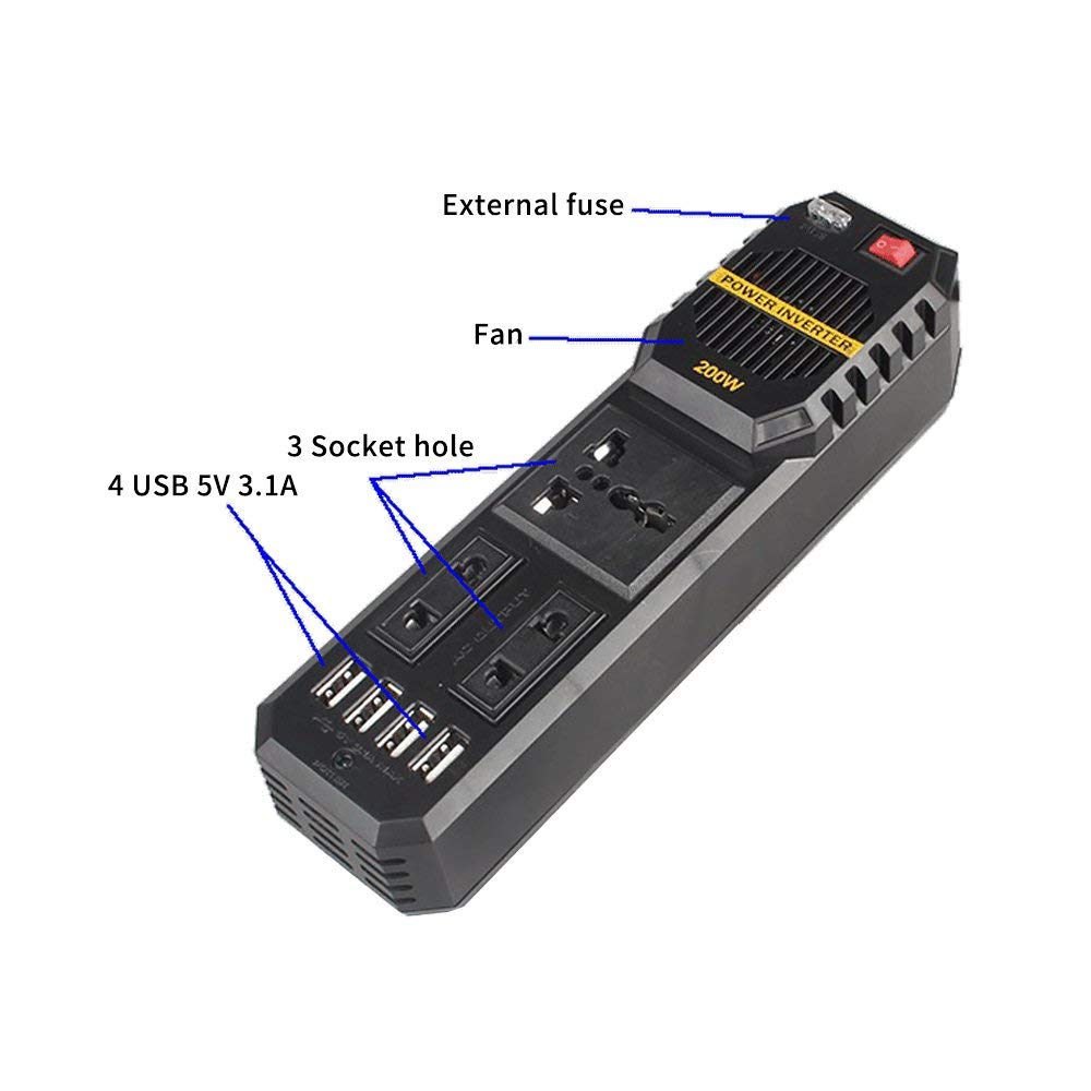 I Key Buy 200W Car Inverter DC 12V To AC 220V 4 USB Power Converter Booster Square Wave Universal Socket Black 50Hz