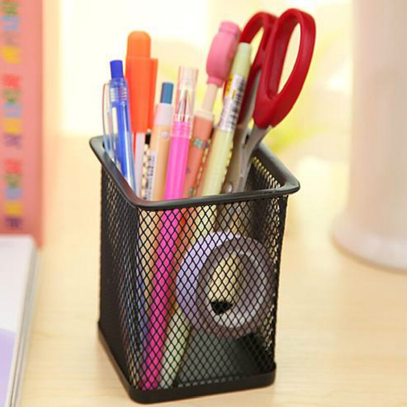 1Pcs Pen Holders Desk Organizer Pen Pencil Holder Storage Tray Desktop Office Metal Mesh Black Hollow Out Container Desktop Tool: Square