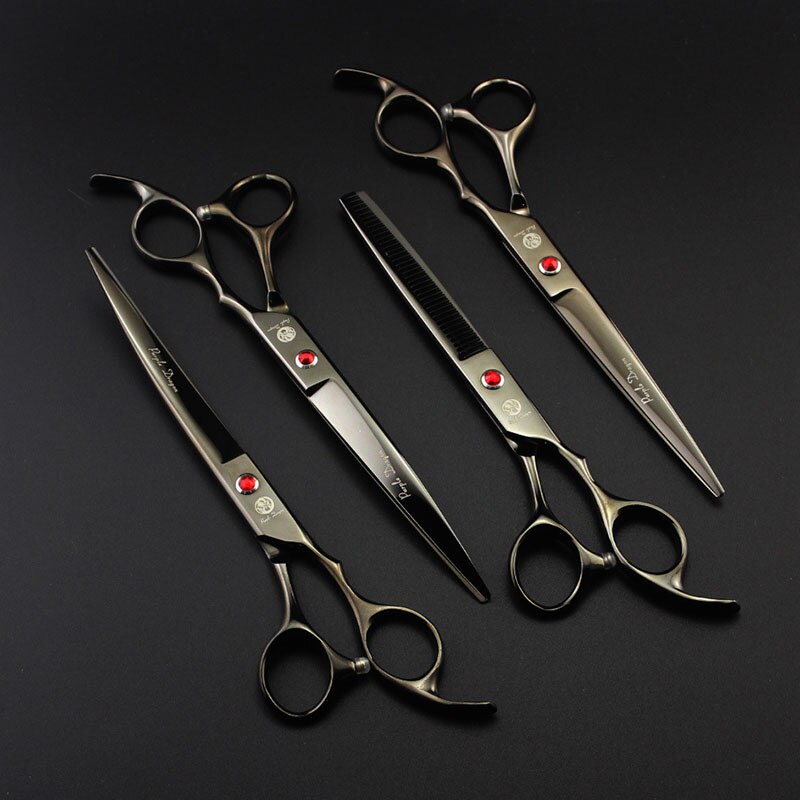 7.0 inch Professionele Huisdier Schaar Hond Verzorgen Schaar Set Straight &amp; Gebogen &amp; Dunner 4 stks Set Huisdier haircut Gereedschap