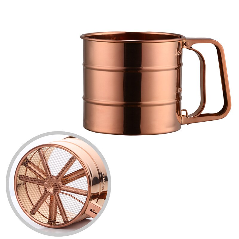 Goldene Manuelle Edelstahl Mehl Sieb Backen Gebäck Werkzeuge haltbar Backformen Zucker Shaker metall Gittergewebe Sieb tasse Küche Gerät: Rosegold