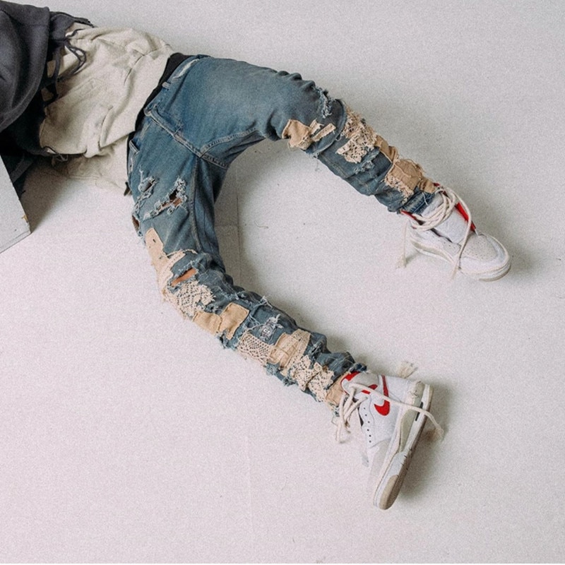 Pantalones vaqueros ajustados para hombre, Jeans rasgados rotos, estilo Hip Hop, pitillo, pantalones con parches bordados