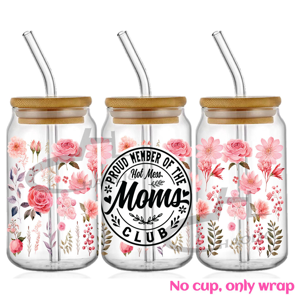 Envolturas de copa UV DTF, transferencias, del Día de la madre, pegatina para mamá, transferencia de hierro para lata de vidrio, libbey de 16oz