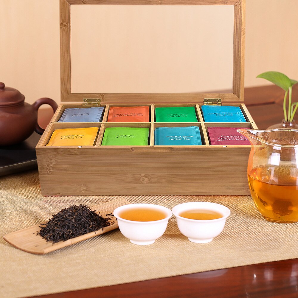 Bamboo Tea Storage Box Tea Bag Organizer Case Tea Caddy with 8 Compartments For Black Tea Green Tea Pu'er Tea Jasmine Tea