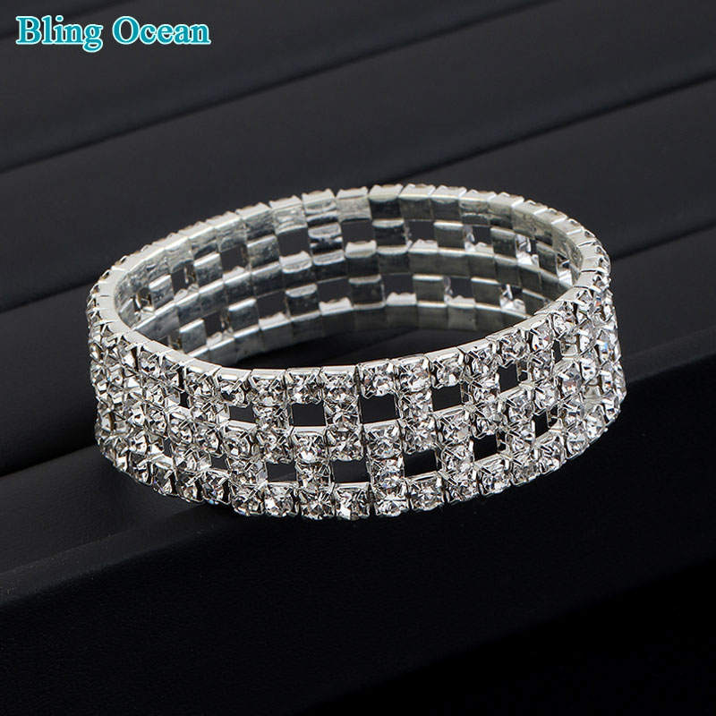 Full Rhinestones Bracelets Crystal Stretch Bracelet Bangle Wristband Elastic Wedding Bridal Jewelry bikini competition: 3 rows