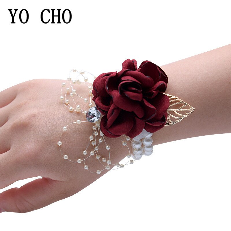 Stof Rose Bloem Hoofd Wedding Bridal Pols Corsage met Parel Accessoire Bruidsmeisje Corsage Armband Party Decoratie Armband