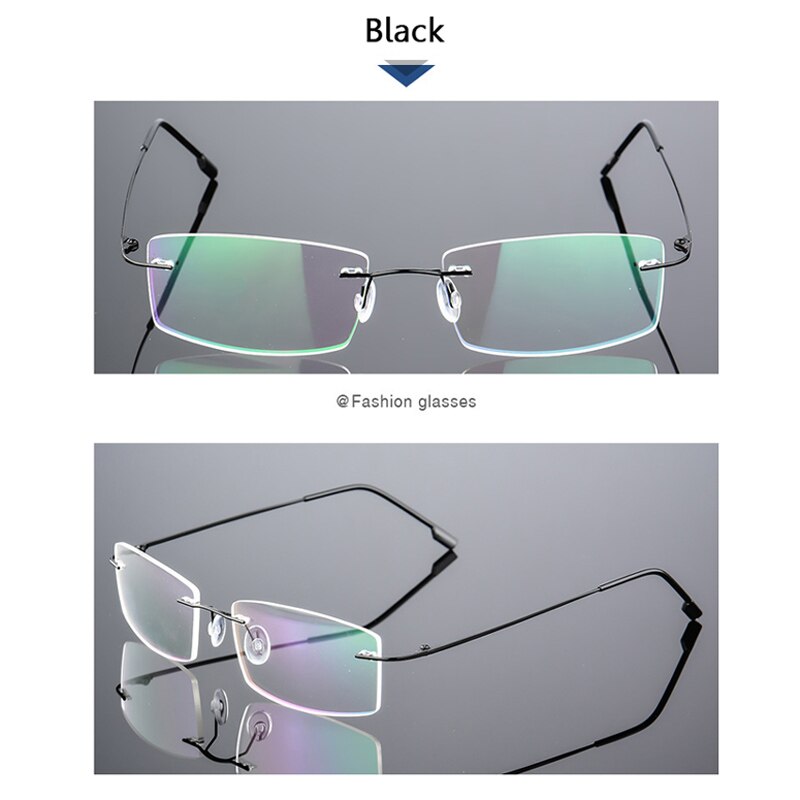 Anti-blåt lys foldende kantløse briller optiske briller mand firkantet rustfrit stål letvægts hukommelse titanium spektakel: Sort