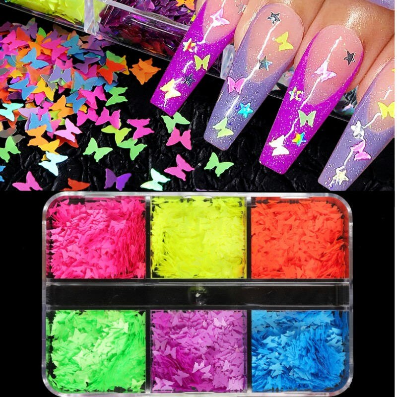 Neon- Herz Schmetterling Nagel Pailletten einstellen Irridescent Stern Blume 3D Charme Flocken Dekoration für Nagellack funkeln Zubehör: 6G-YGBF