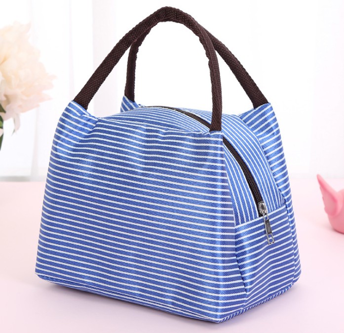 Leisure Women Portable Lunch Bag Canvas Stripe Insulated Cooler Bags Thermal Food Picnic Lunch Bags Box Kids Ice Pack Tote: Blue