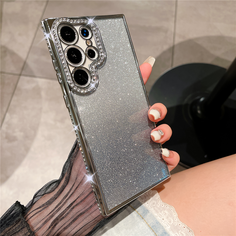 Custodia per telefono trasparente con diamanti con strass glitterati placcati di lusso per Samsung S23 ultra S22 più coperchio morbida e trasparente a colori sfumati: ABS / Blu