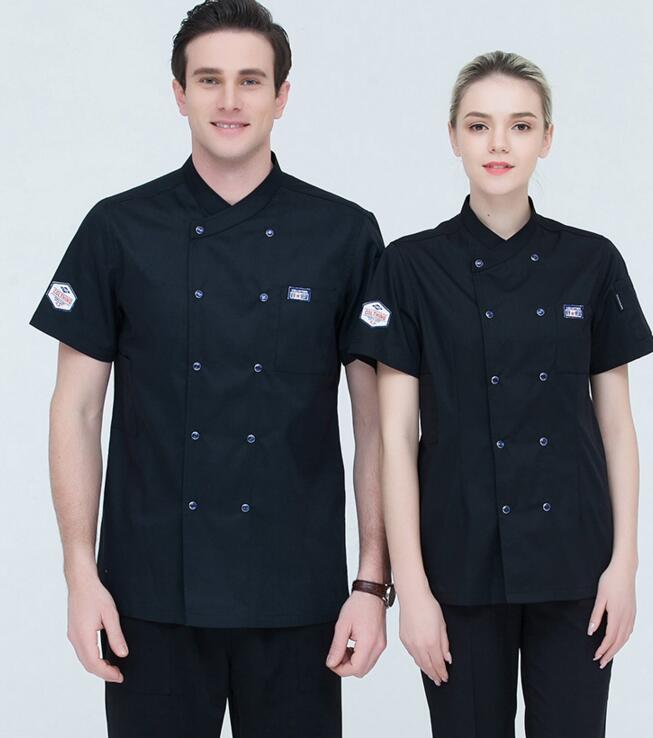 Kok køkken arbejdstøj top sommer kortærmet kok service restaurant hotel tjener overalls jakke arbejdstøj værktøj uniform: Sort / Xxxl