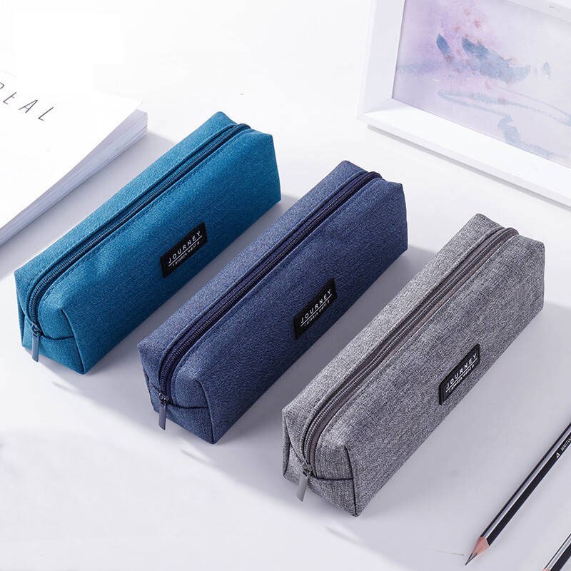 Canvas Blue Pencil Case Solid Color Stripes Simple Pencil Bags for Student Stationery School Supplies Kids