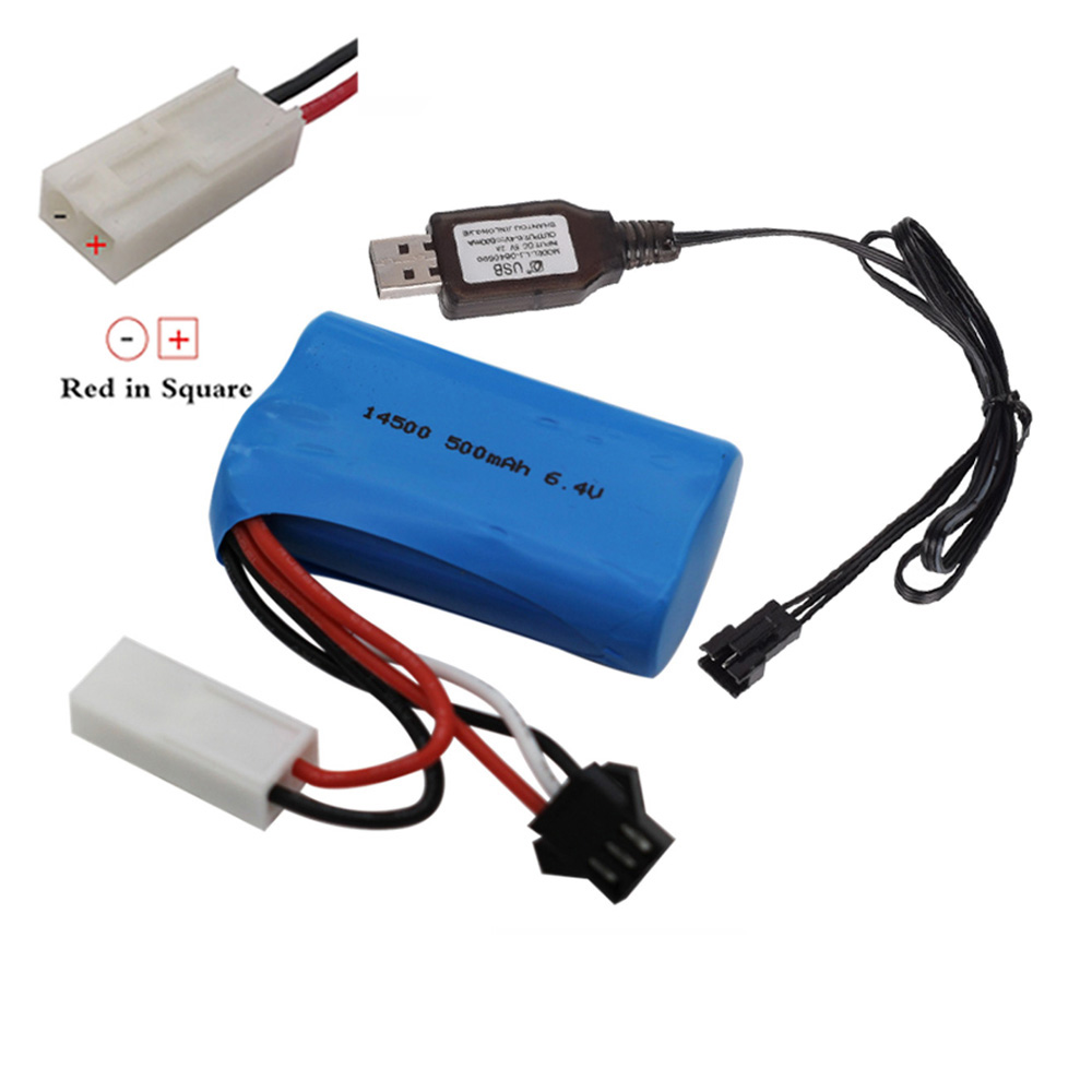 Batería de iones de litio de 6,4 v, 500mAh, con cargador USB, para Wltoys 18401, 18402, vehículo RC, 6,4 v, 14500, para juguetes, coches y barcos a control remoto: Blanco