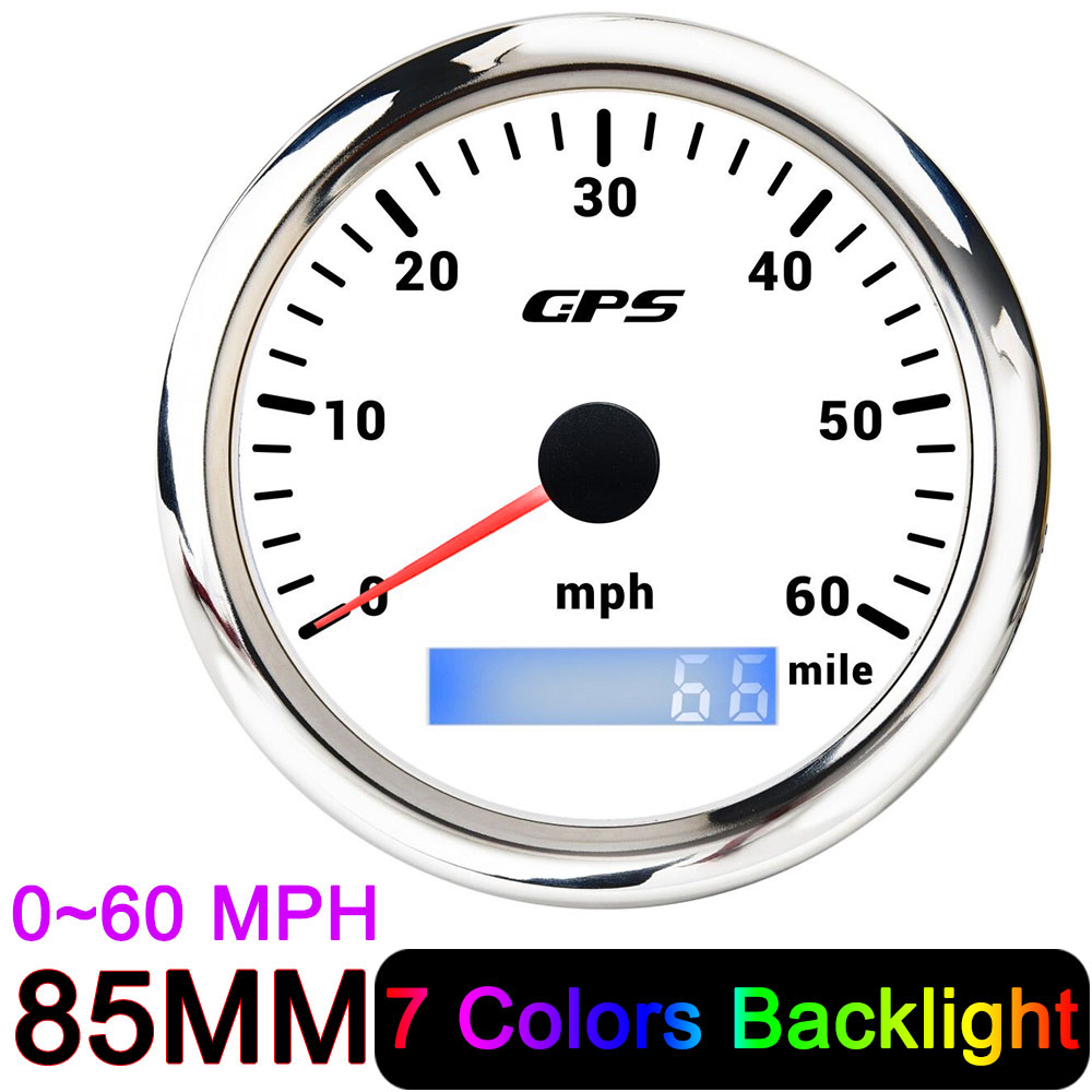 Universal Motorcycle Speed Meter Odometer Gauge Speed 85MM GPS Speedometer MPH Mile Odometer For Car Boat Truck UTV 7 Colors: 60MPH white silver