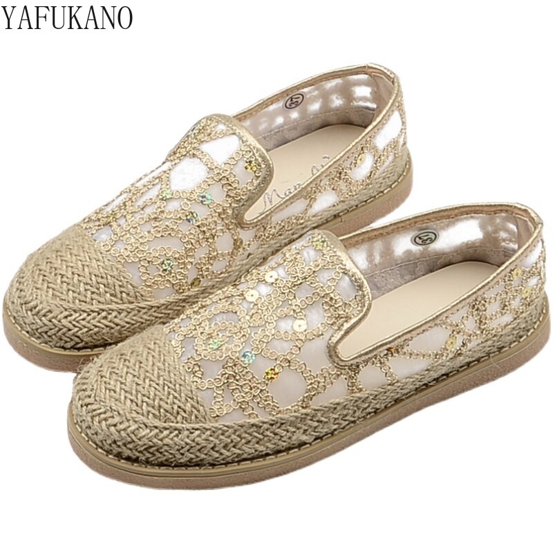 Mesh Sequins Fisherman Shoes Flat Womens Shoes Mori Girl Hemp Straw Weave Casual Sandals Literary Retro Breathable Comfort Flats