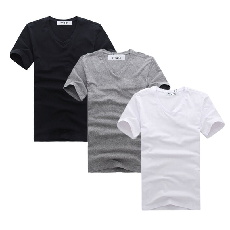 ITFABS Brand Cool Men V Neck Simple Cotton T-shirt Slim Fit Short Sleeve Solid Color Clothes Street Casual Tee