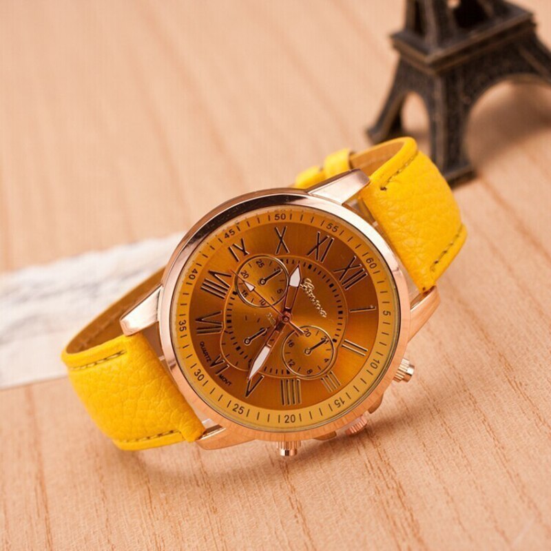 Drie-ogen horloge retro student koppel horloge mannen en vrouwen riem quartz trend horloge: Geel