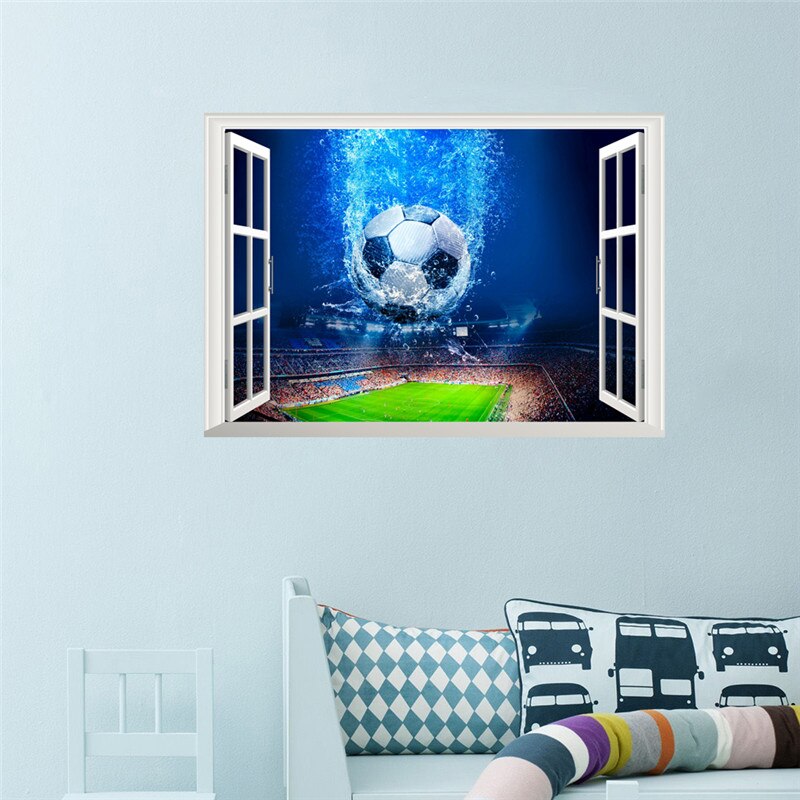 3d vindue blå fodbold fodbold klistermærker til børneværelser stue soveværelse væg mærkater drenge værelse dekoration