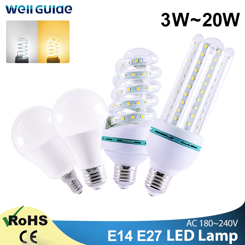LED Bulb E27 E14 LED Lamp light 20W 16W 12W 9W 5W 2835SMD AC 220V 240V lampara Energy-saving led Corn lamp Table light Bombillas