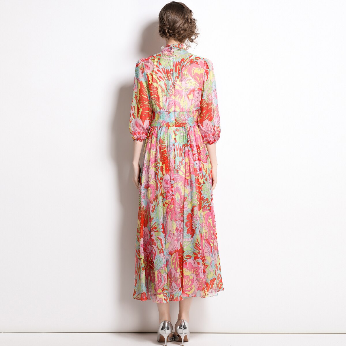 Vestido largo de gasa con estampado floral para mujer, traje bohemio de media manga con cuello de lazo, para vacaciones y verano, 2022
