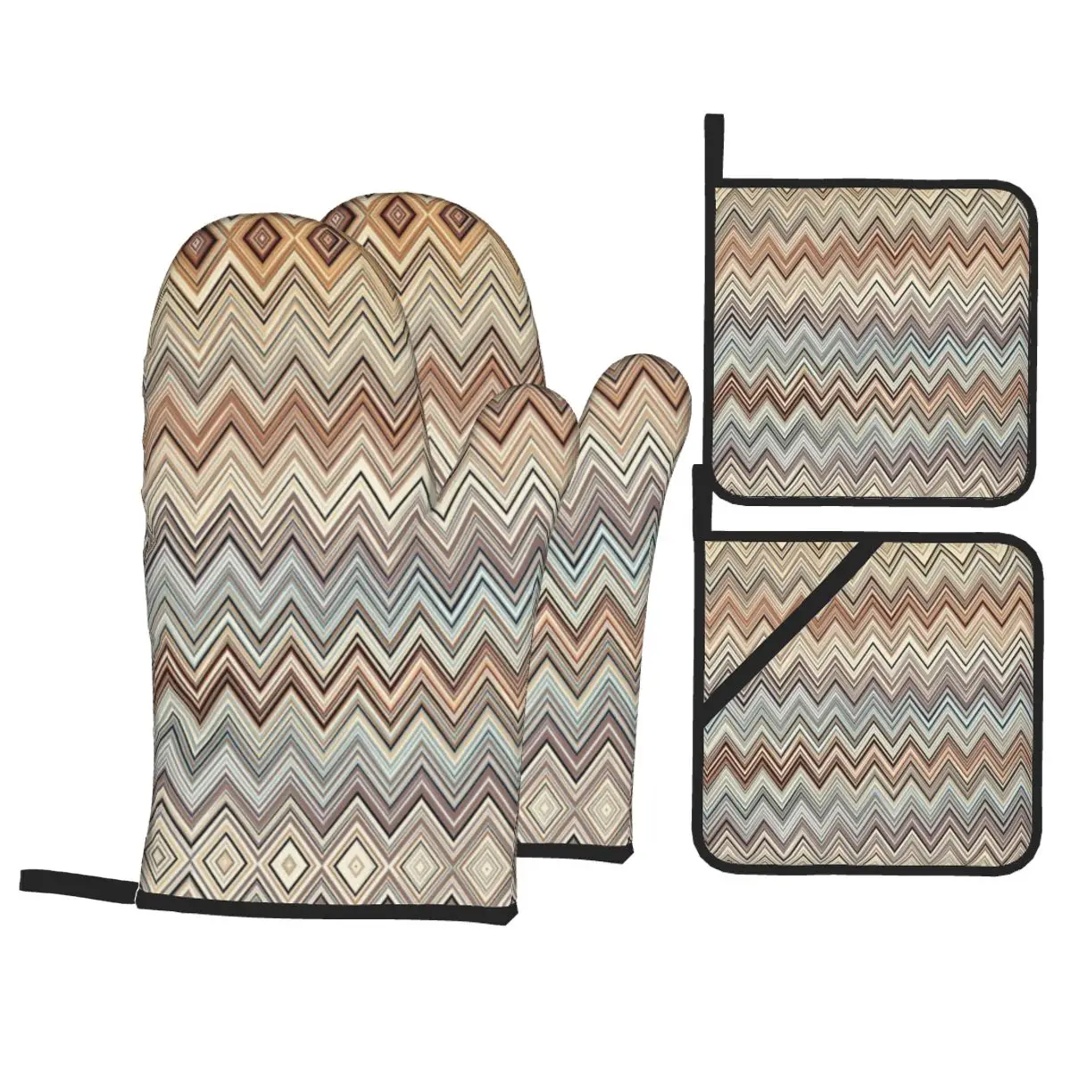 ZigZag Oven Mitts and Pot Holders 4pcs Set for Baking Cooking Non-Slip Heat Resistant Geometric BBQ Kitchen Gloves Potholders: Yellow