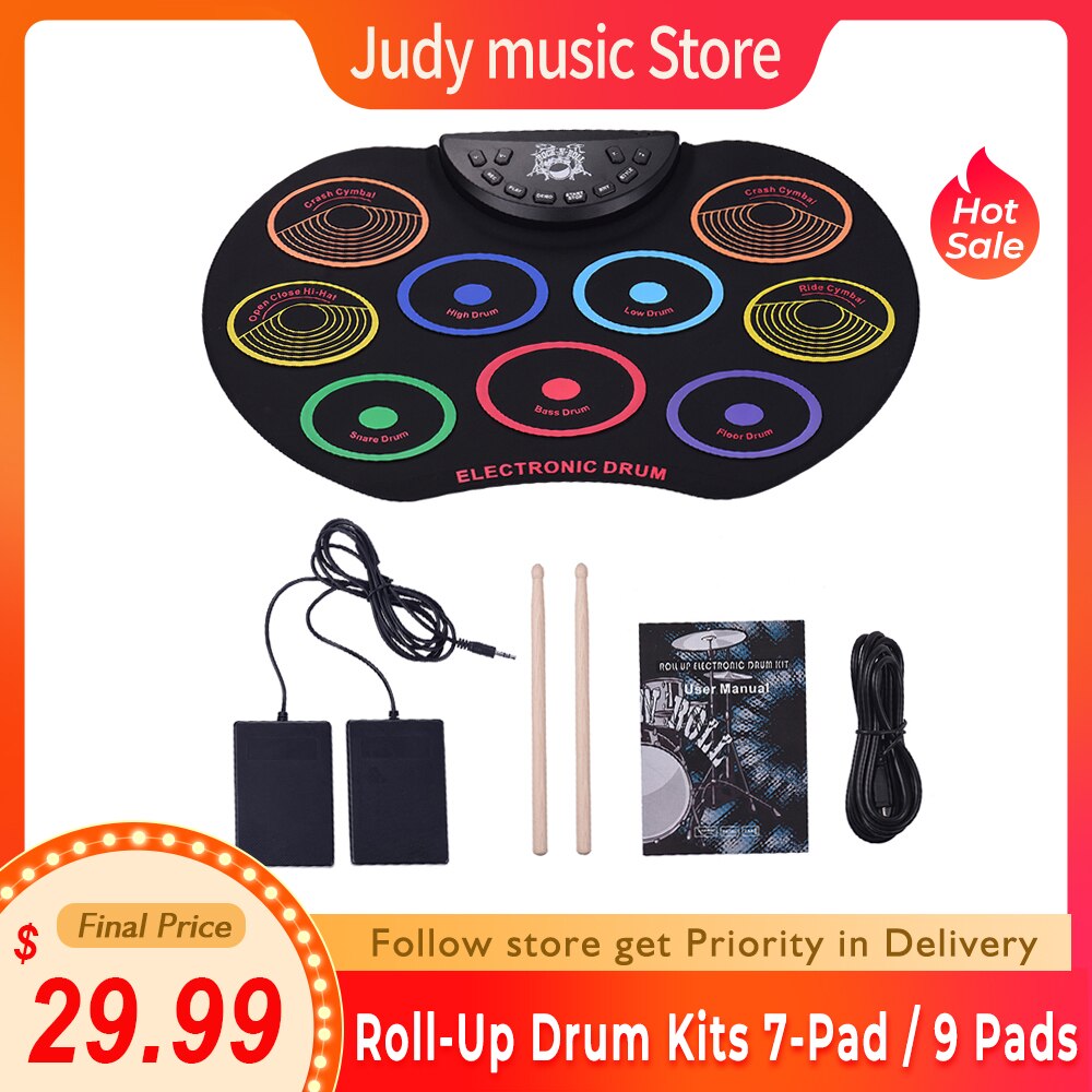 Digital Electronic Drum Portable Size USB Foldable Silicon Drums Set Roll-Up Drum Kits 7-Pad / 9 Pads with Drumsticks Foot Pedal