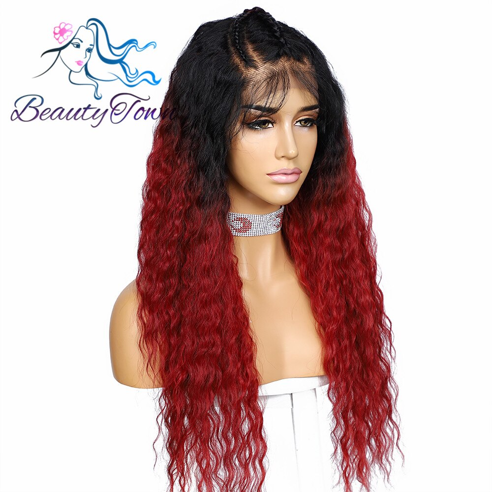 Freepart 28 pulgadas oscuro largo rizado HD Peluca de encaje para las mujeres negro Ombre rojo trenzado de cabello Pre-arrancado cabello sintético Futura peluca
