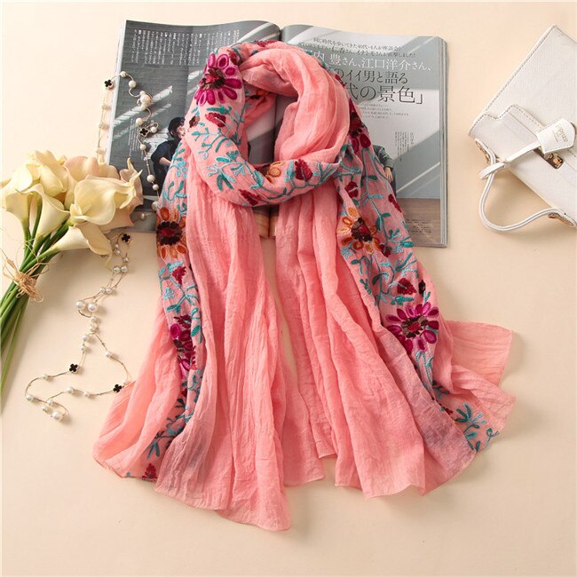 Chal de viscosa Floral bordado liso, bufanda de pañuelo indio, bufandas y chales de algodón con estampado, Foulard suave, gorro Hijab musulmán, 2022: Azul