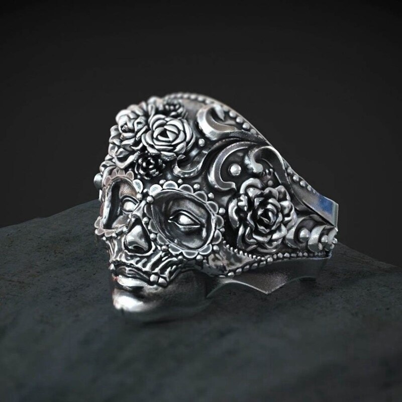 Gothic Mexican Flower Sugar Skull Rings Women Cute Punk Flowers Ring Retro Flower Cool Sugar Skull Classics Biker Jewelry: 9