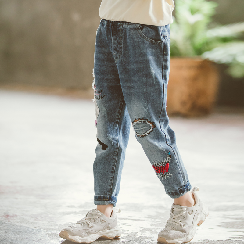 Tecknade blå jeans för barn flickor småbarn slitna kläder söta prinsessa jeansbyxor baby girl jeans tonårsbyxor bomull 12t