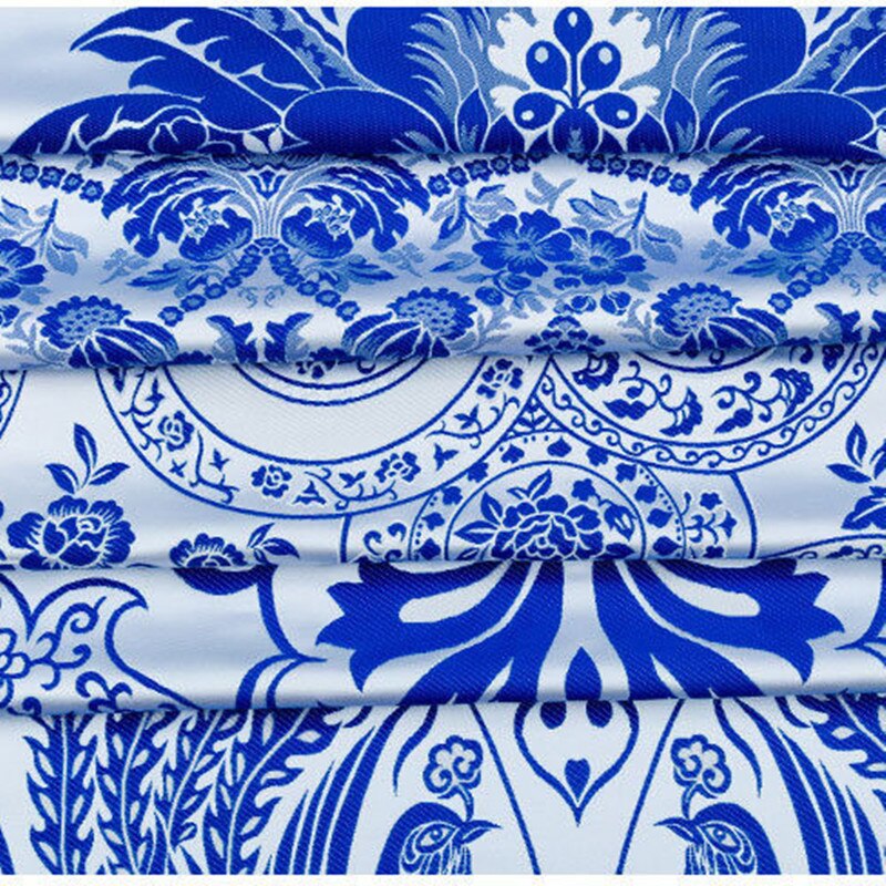 1 Yard Blue and White Porcelain Polyester Jacquaral Dress Fabric Chinese Traditional Silk Brocade Fabric Cheongsam Clothing