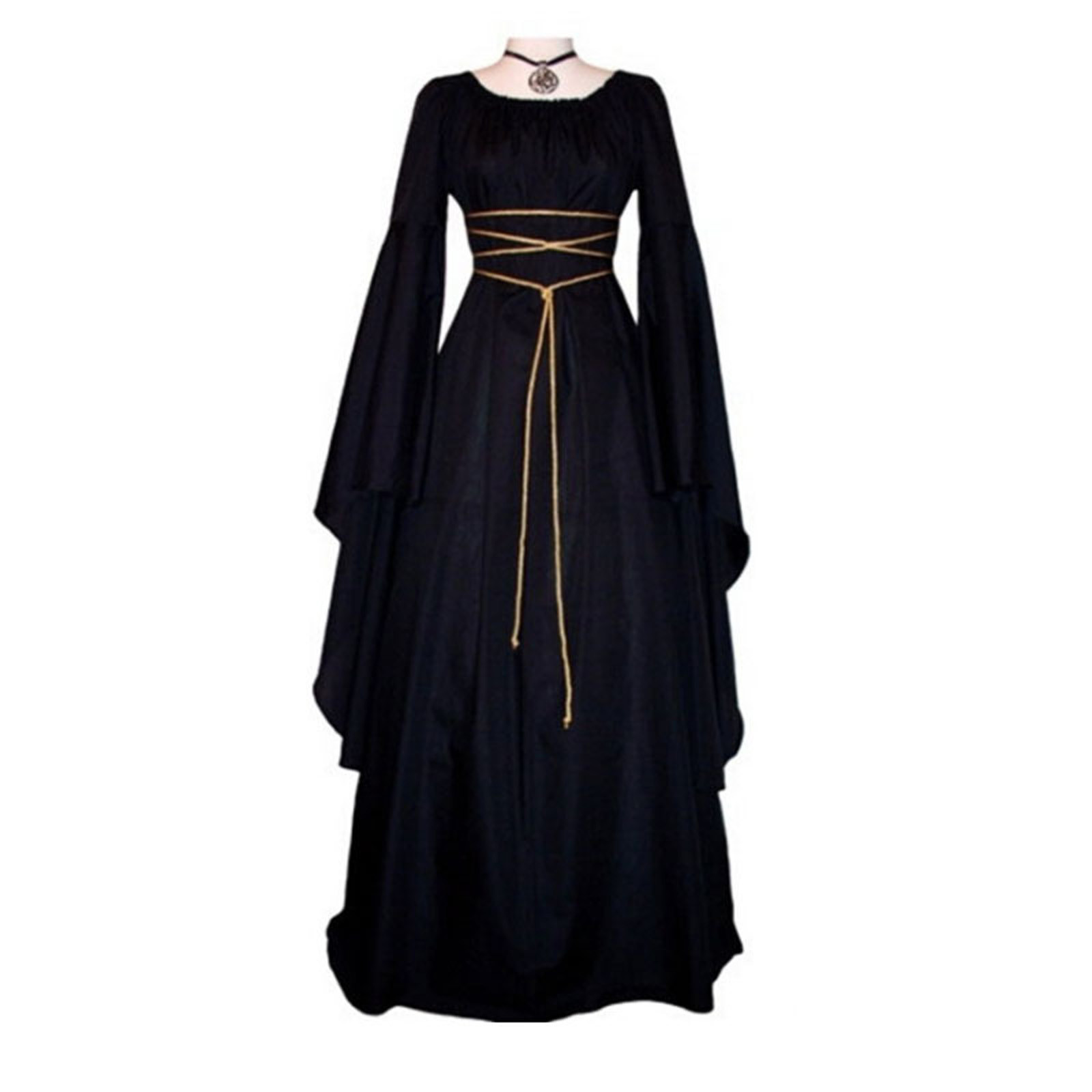 Vrouwen Middelbare Leeftijd Vintage Kostuums Sexy Lange Mouw Veters Middeleeuwse Gotische Vloer Lengte Jurken Cosplay Retro Lange Maxi Jurk: M / Black