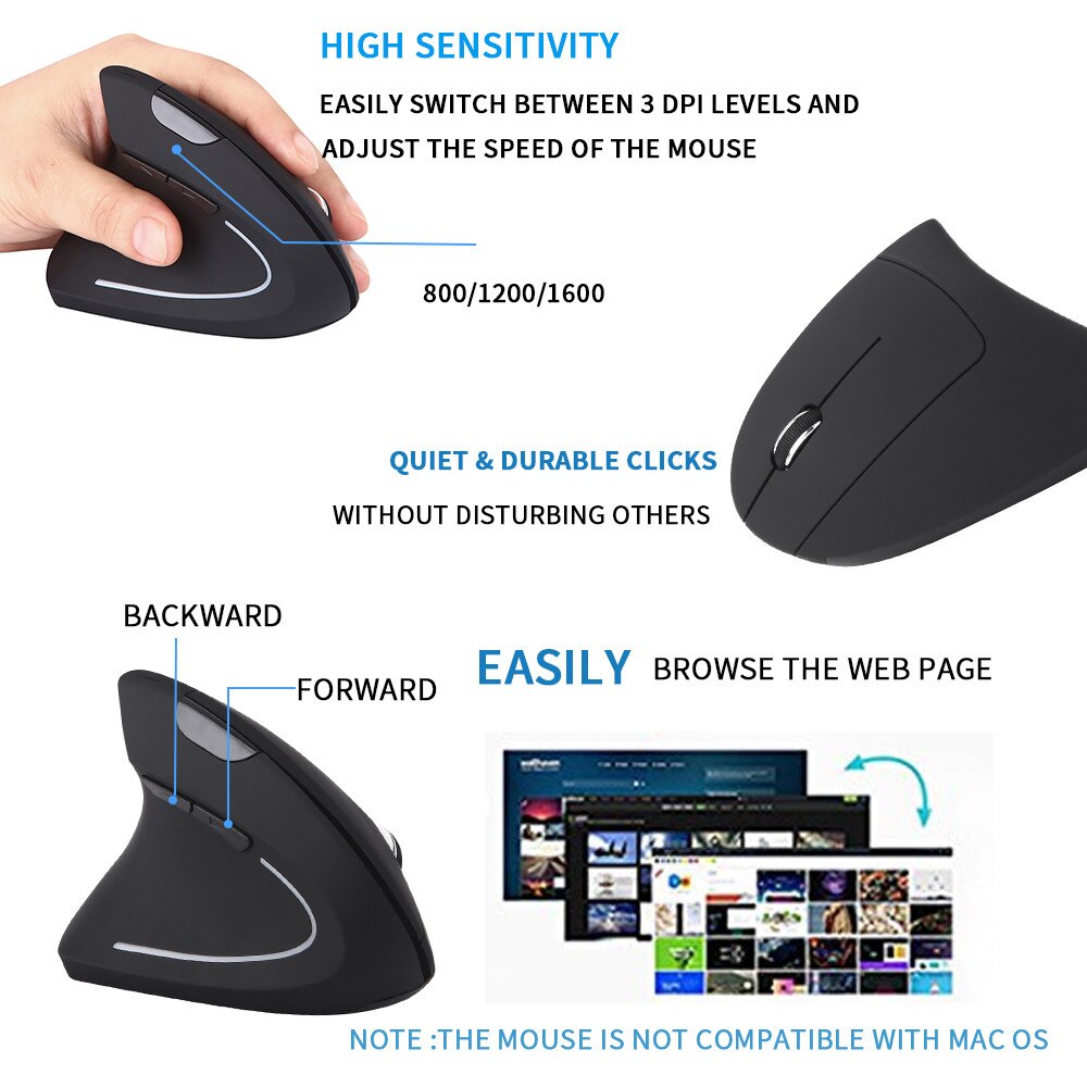 Ergonomic Vertical 2.4G Wireless Left Hand Optical 6D 1600DPI Gaming Mouse