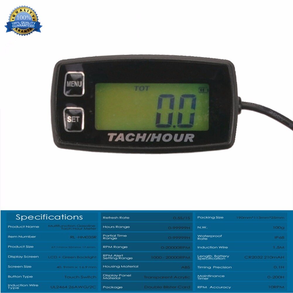 Waterproof Digital Hour Meter Tachometer RPM METER BacklitFor dirt quad bike chainsaw Boat Generator outboard MARINE RL-HM035R