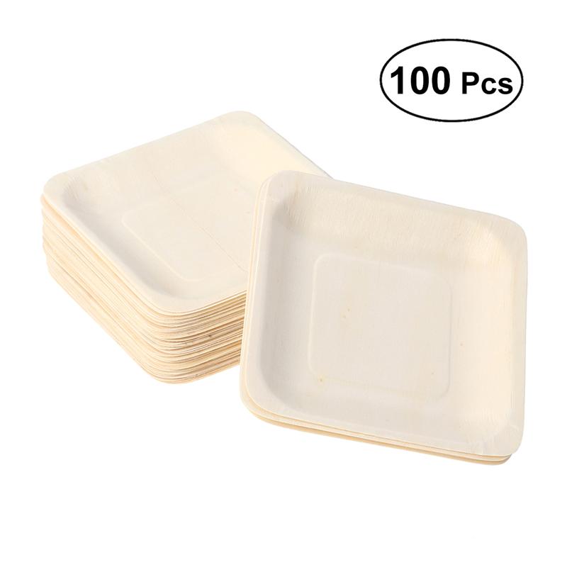 Platos cuadrados de madera desechables 100 Uds., vajilla de para boda, restaurante, Picnic, cumpleaños 140x140mm