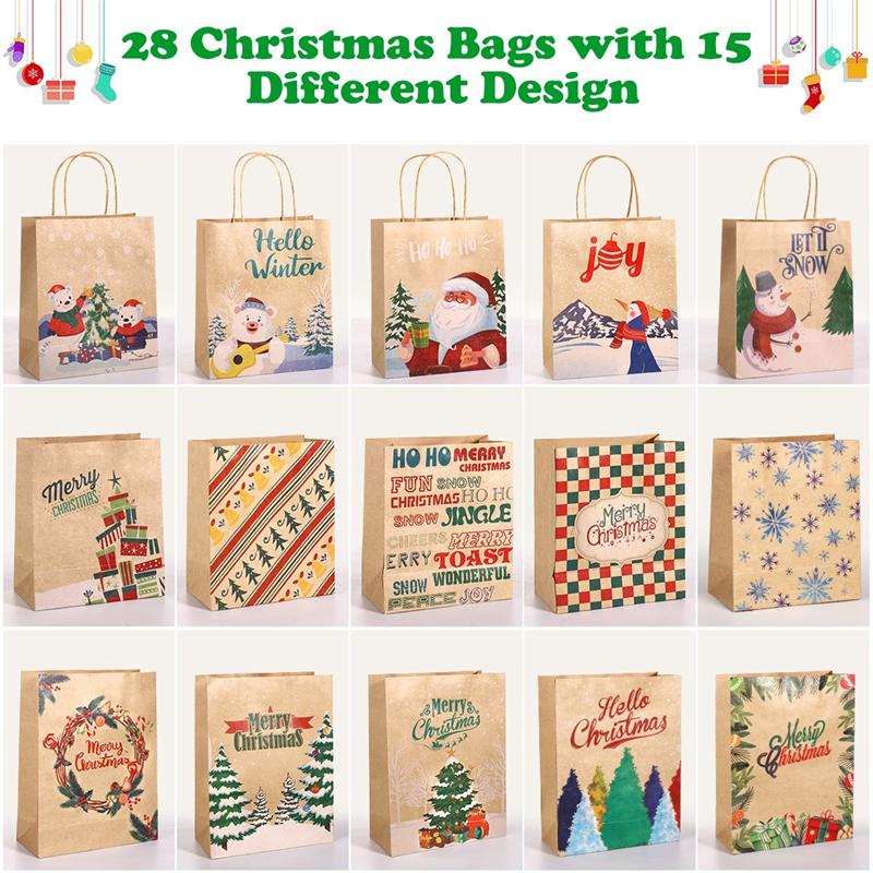 Kerstcadeau Zakken Papieren Traktatiezakken Kraft Goodies Party Gunsten Supplies Met 28Pcs Tissuepapier 28Pcs Opknoping tags