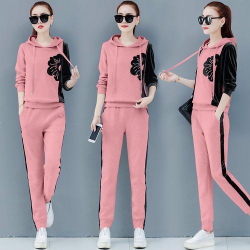 black Velvet Two Piece Set Tracksuit For Women Outfits Plus Large Size Sportswear Hoodies Top Pant Suit Winter Autumn Clothes: Pink / XL