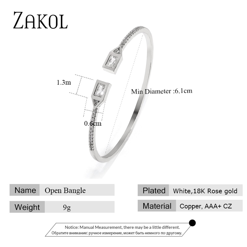 Zakol novo design de metal zircon aberto ajustável manguito pulseiras para mulher cobre menina festa jóias fsbp2212