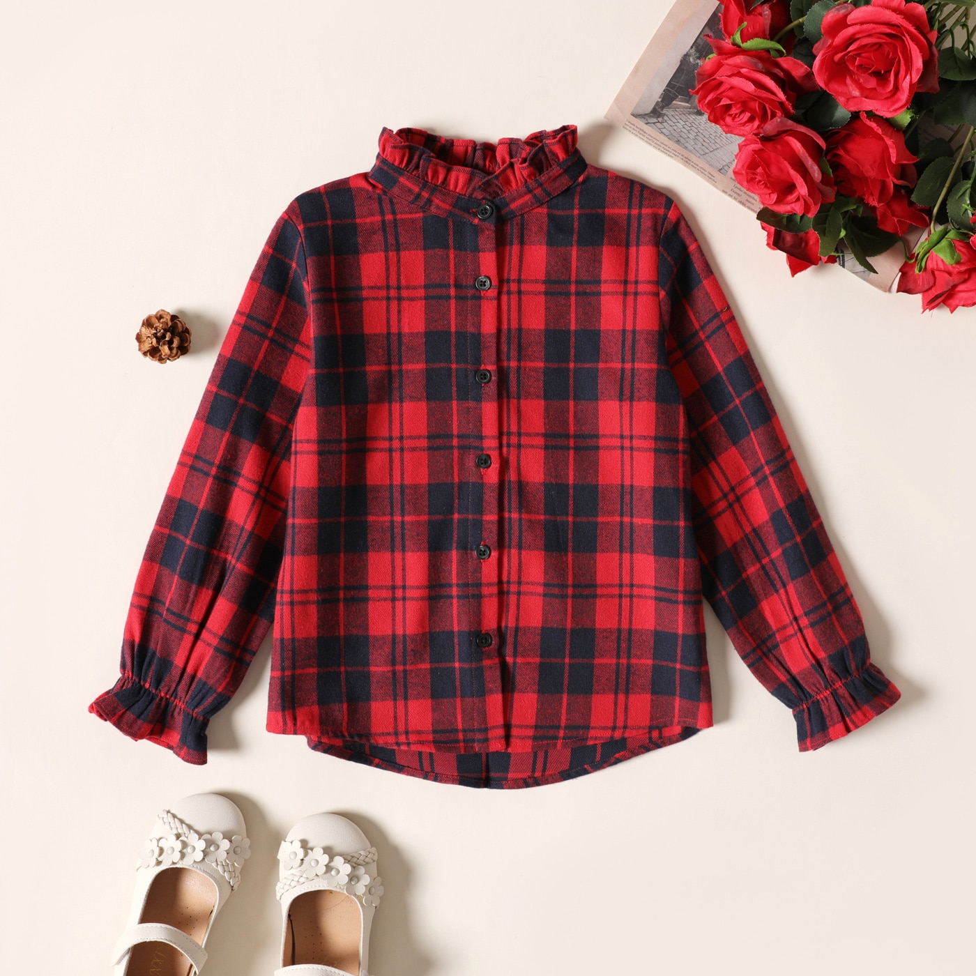 Camicia a maniche lunghe con bottoni scozzesi in cotone 100% cotone PatPat Kid Girl: 5-6 Years