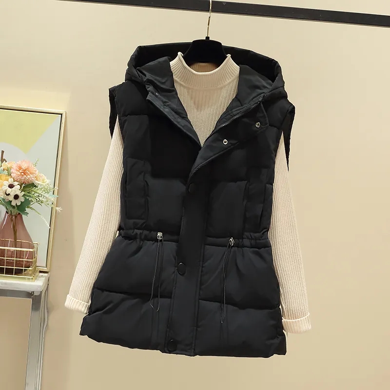 Otoño/Invierno 2025 sin mangas Casual con capucha de las mujeres abajo chaleco de algodón abrigo corto suelto versión coreana mujer camiseta sin mangas chaqueta: M / Negro