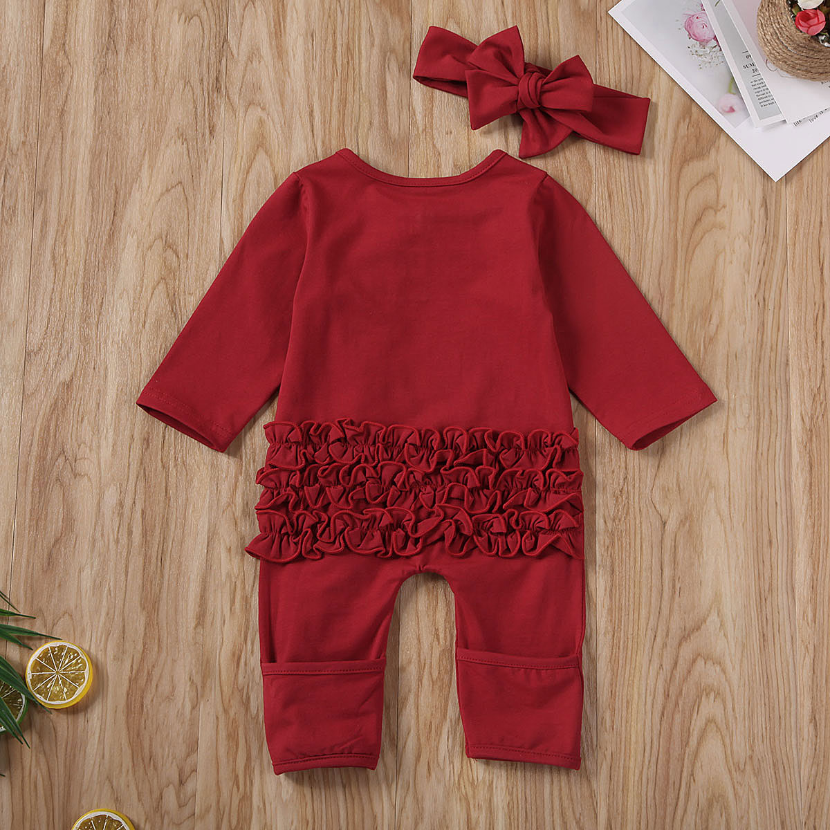 Christmas Newborn Toddler Baby Girl Clothes Red Long Sleeve O-Neck zipper Romper Top T-shirt Ruffle Long Pants Headband Outfits