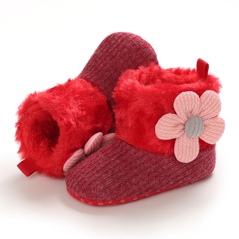 Winter Baby Cotton Shoes Plush Warm Toddler Girl First Walker Shoes Anti-Slip Infant Flower Short Boot Lightweight Soft Sole