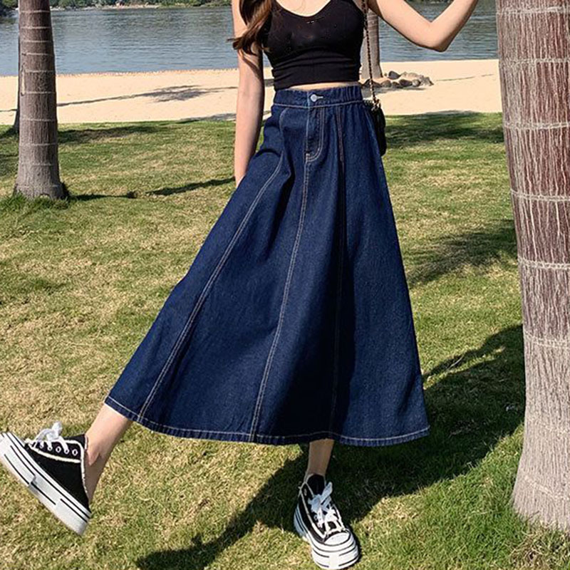 Lucyever koreansk stil højtaljede lange nederdele til kvinder sommer tynd a-linje denim nederdel kvinder all-match midi nederdele