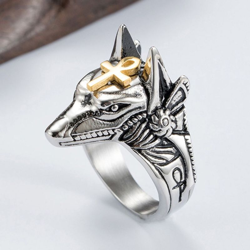 Mænd rustfrit stål egyptisk gud anubis guld ankh krydsring anubis beast bands ring