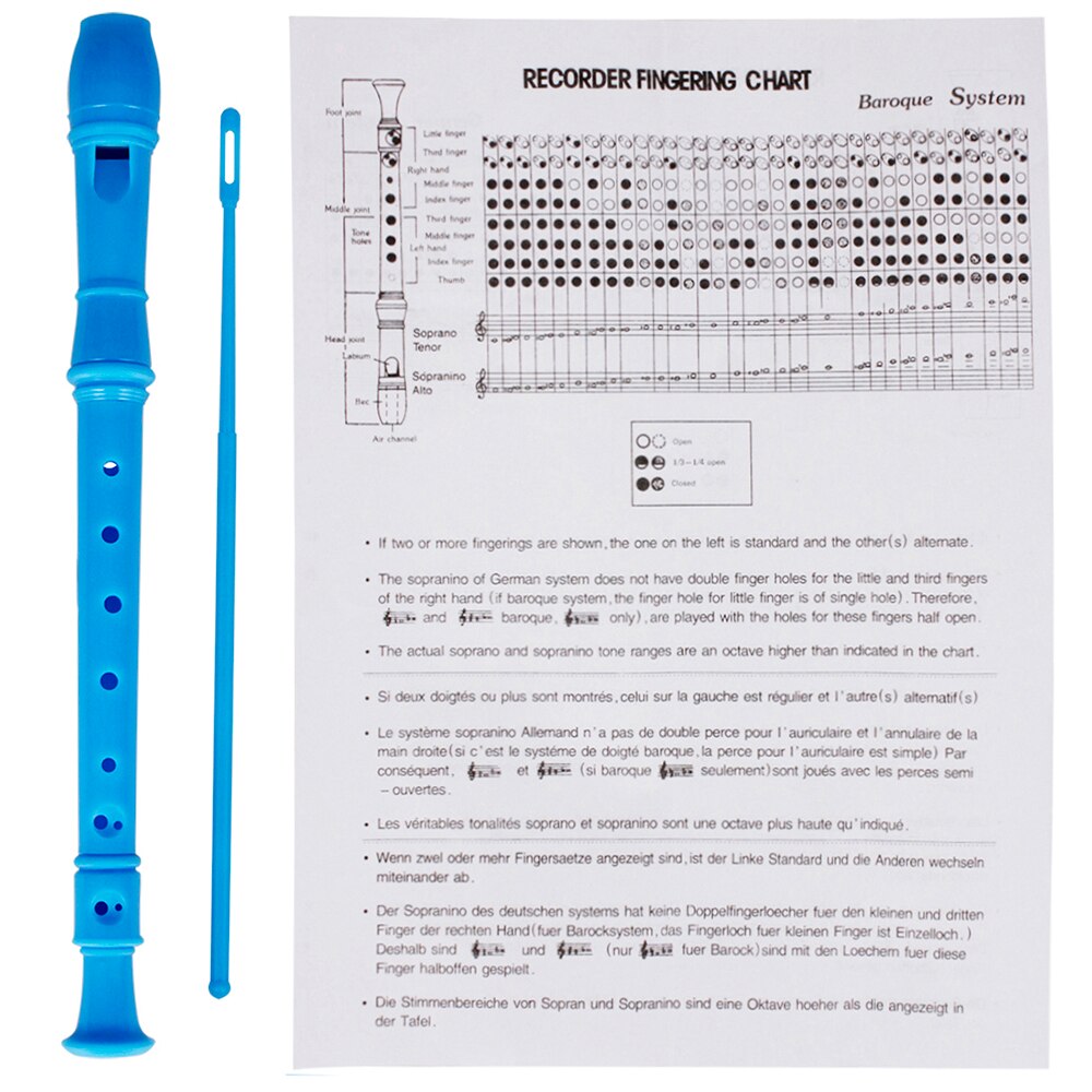 Abs sopran descant recorder klarinet 8 huller tysk stil c-nøgle med fingeringstabel rengøringspind til begyndere: Blå