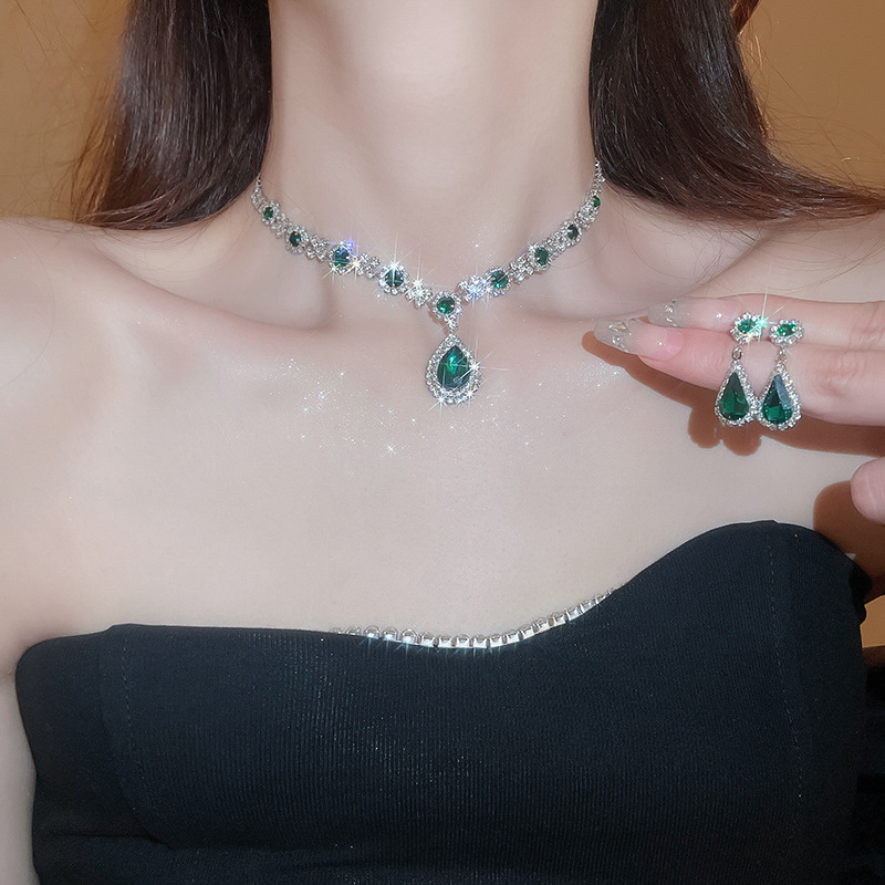 Shiny Crystal Necklace Earrings Women's Big Water Droplet Rhinestone Necklaces Wedding Evening Dress Jewelry Set